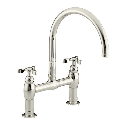 Kohler K-6130-3-SN Parq Deck-Mount Kitchen Bridge Faucet - Vibrant Polished Nickel